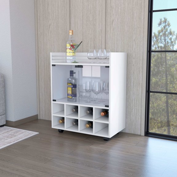 Kitchen Carts, White 8-Bottle Rack Bar Cart, White Kitchen Islands,Wood Metal Kitchen Carts, Furniture Dining Furniture Kitchen Islands & Carts