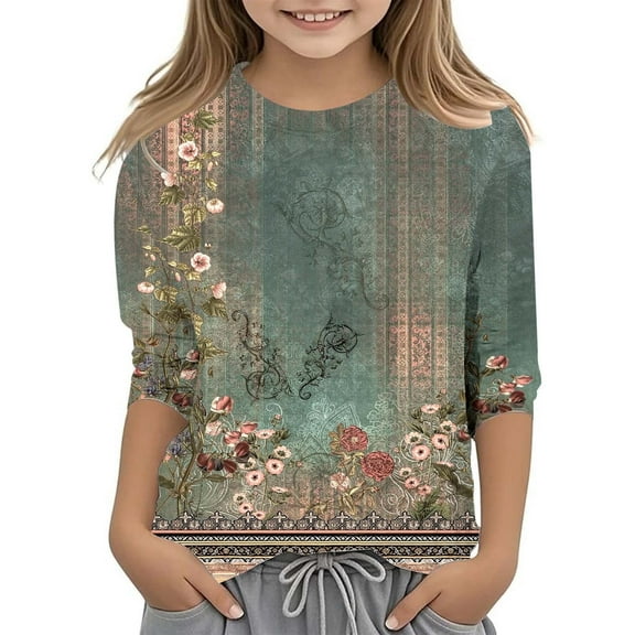 Girls' Tops, Tees Printed Fashion Versatile Round Neck 3/4 Quarter Sleeve Casual Top Tees Shirts Baby Green 3 Years-4 Years