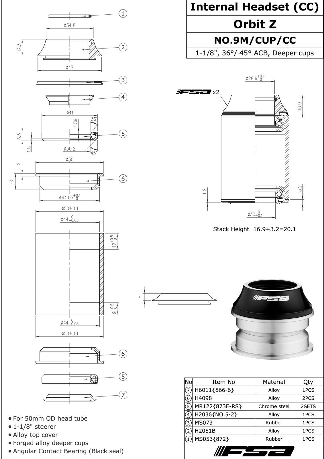FSA Orbit ITA NO.9M/CUP/CC/12B/44 Headset Press Fit ZS44/28.6 | EC44/40 - black
