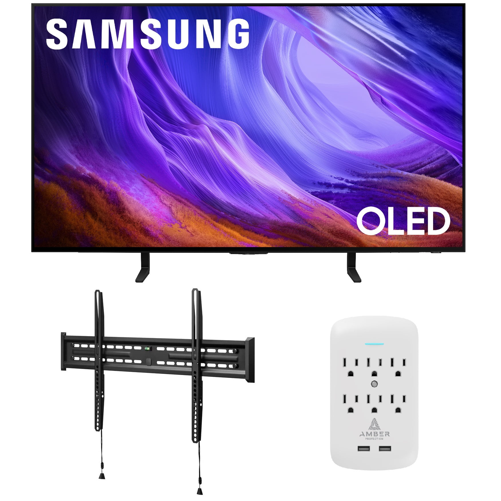 Samsung QN48S85HAEXZA 48" 4K OLED Smart TV with Dolby Atmos with a Walts TV FIXED-MOUNT-43-90 TV Mount for 43"-98" Compatible TVs and an Amber Protection 6-OUTLET-SURGE Surge Protector (2026)