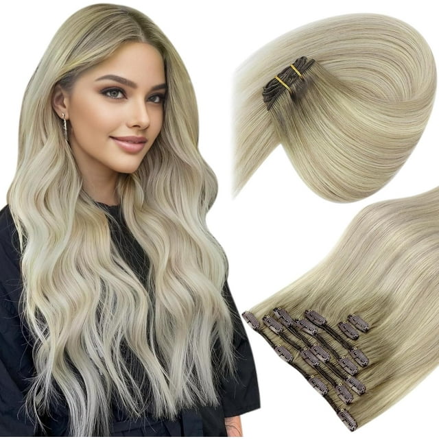 Sunny Hair Extensiones de cabello con clip Extensiones de cabello humano liso Extensiones de cabello con clip Remy Extensiones de cabello humano real Clip Ins Rubio ceniza Ombre Rubio besado por el so