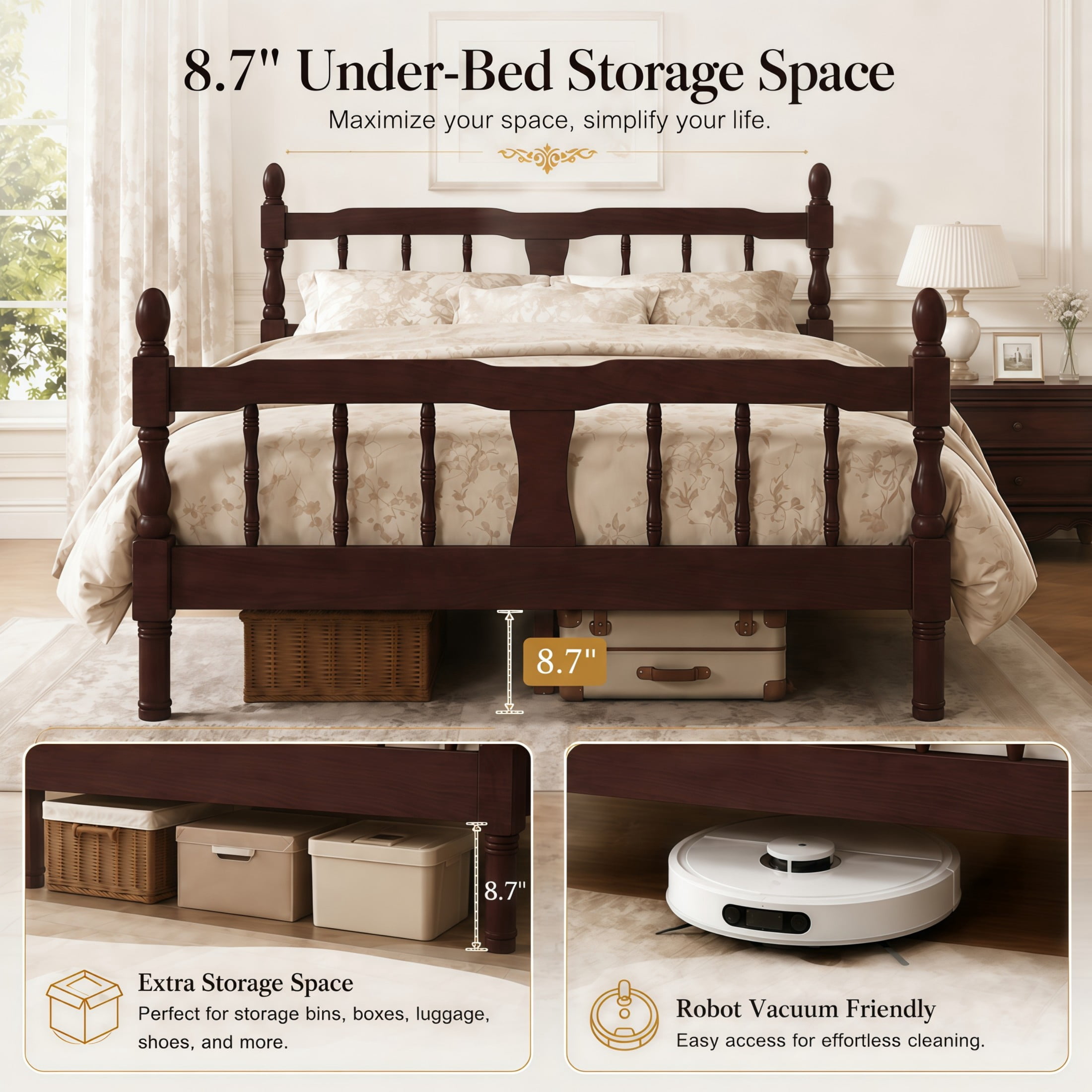 GDF Studio Betty Full Size Wooden Platform Bed Frame with Spindle Headboard, Traditional Farmhouse Style, Dark Walnut