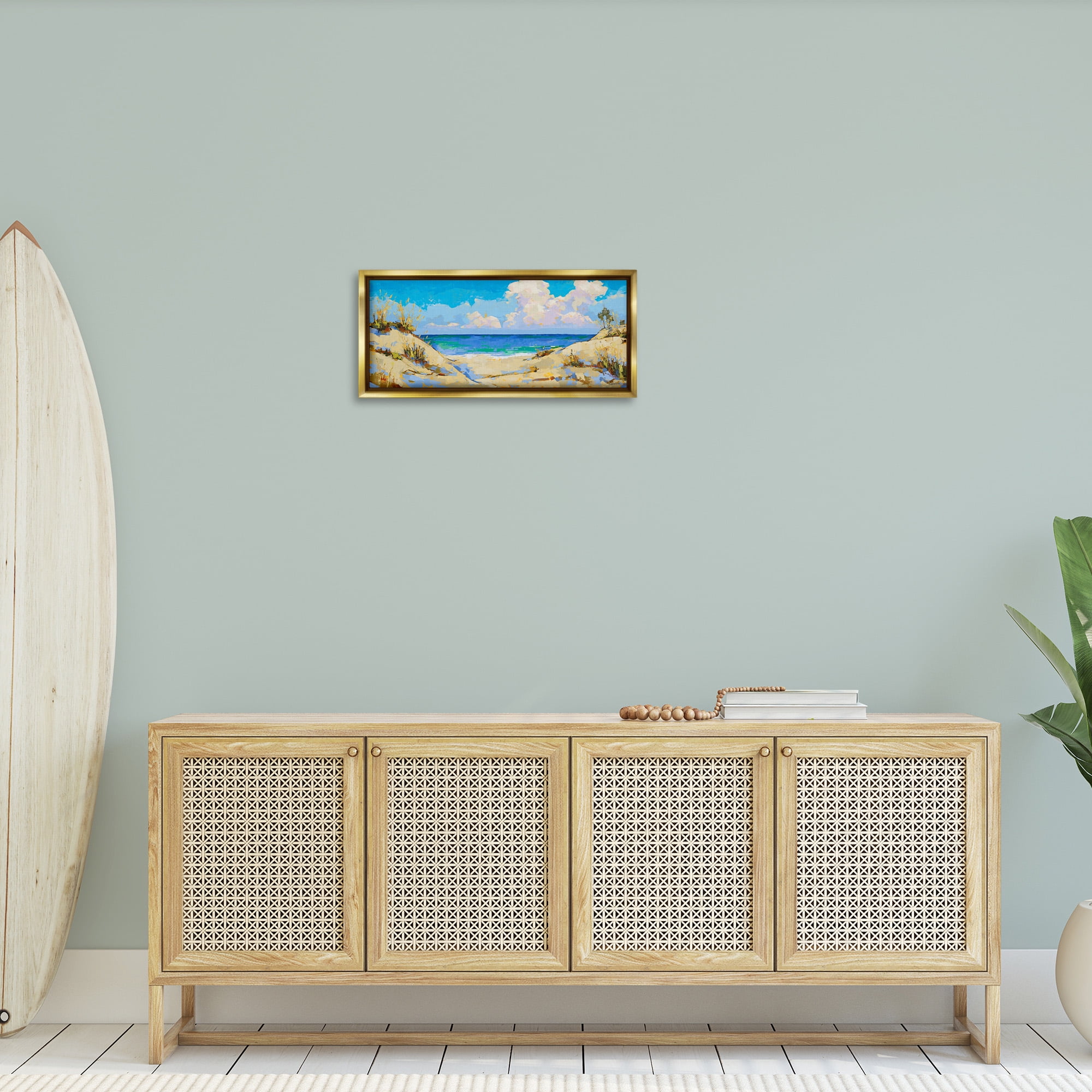 Stupell Industries Cloudy Beach Painting Landscape Painting Gold Floater Framed Canvas Art Print Wall Art, 25 x 11