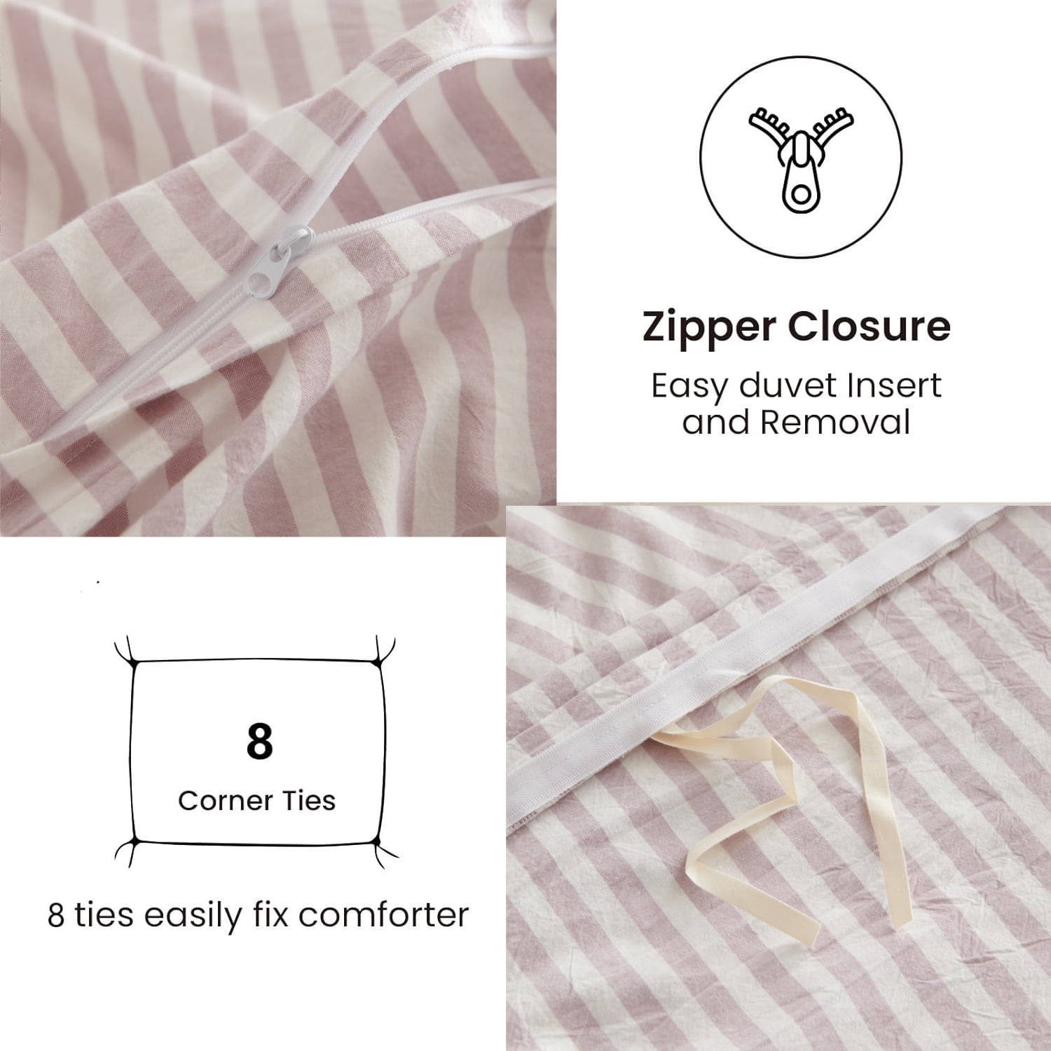 JOLUSERE 100% Cotton Striped Duvet Cover Queen Set, 3-Piece Linen Like Textured Breathable Comforter Cover(Greyish Pink& White Classic Stripes)