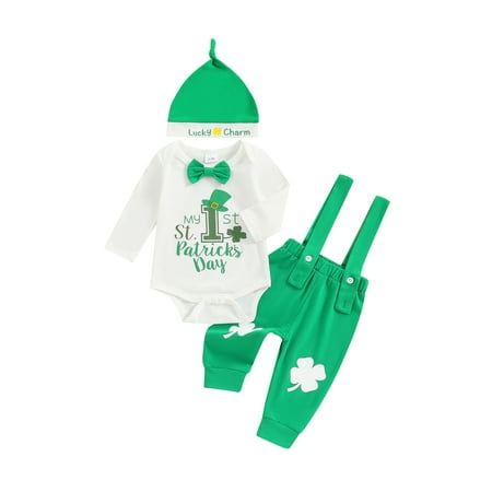 

Jkerther Baby Boy St Patricks Day Outfit Clover Letter Print Rompers and Elastic Suspender Pants Beanie Hat Set Fall Spring Clothes