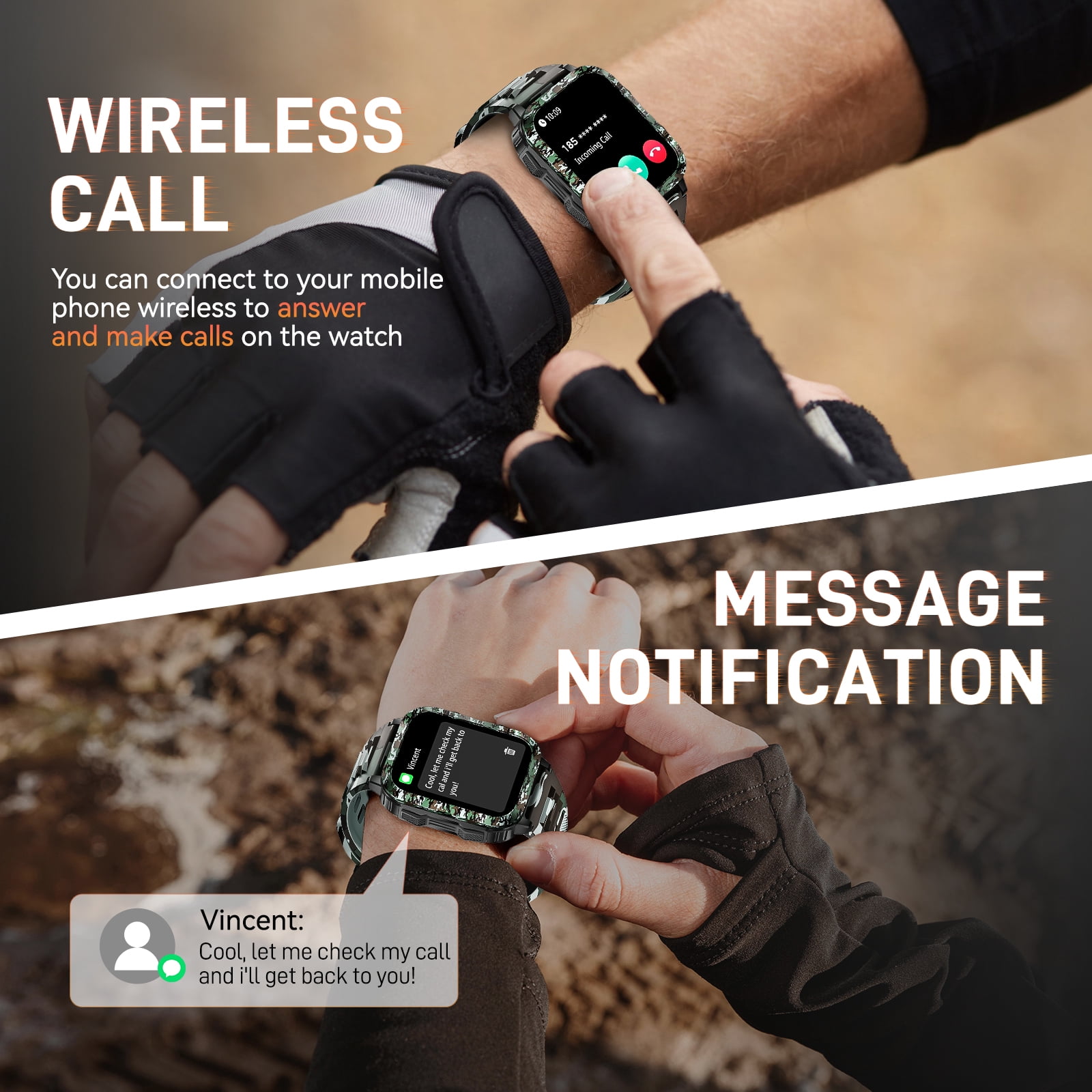 XAXRE KT79 Smart Watch for Men with 1.96" Big Screen LED Flashlight/UV Light 3ATM Waterproof Rugged Smartwatch with Text and Call for iOS Android, 1pc