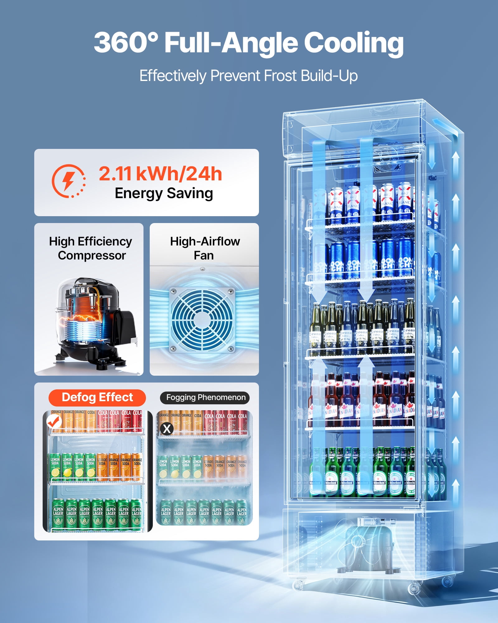 VEVOR Commercial Merchandiser Refrigerator, 12.7 Cu.Ft / 360 L Glass Door Display Refrigerator, Upright Beverage Cooler with Customizable Lightbox,4 Adjustable Shelves & Soft LED Light for Home Shops