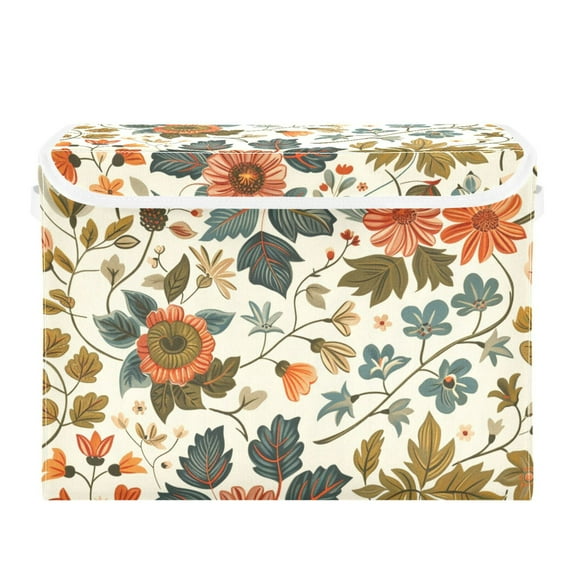 Retro Flowers Green Leaves Foldable Storage Bin with Lid and Handle Collapsible Storage Box 16.5 x 12.6 x 11.8 inches