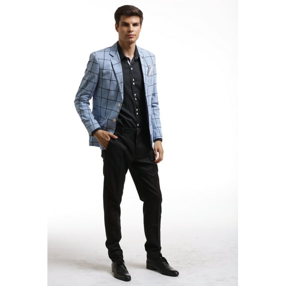 Elie Balleh Blue Embroidered Plaid Men's Blazers Sports Coat Jacket