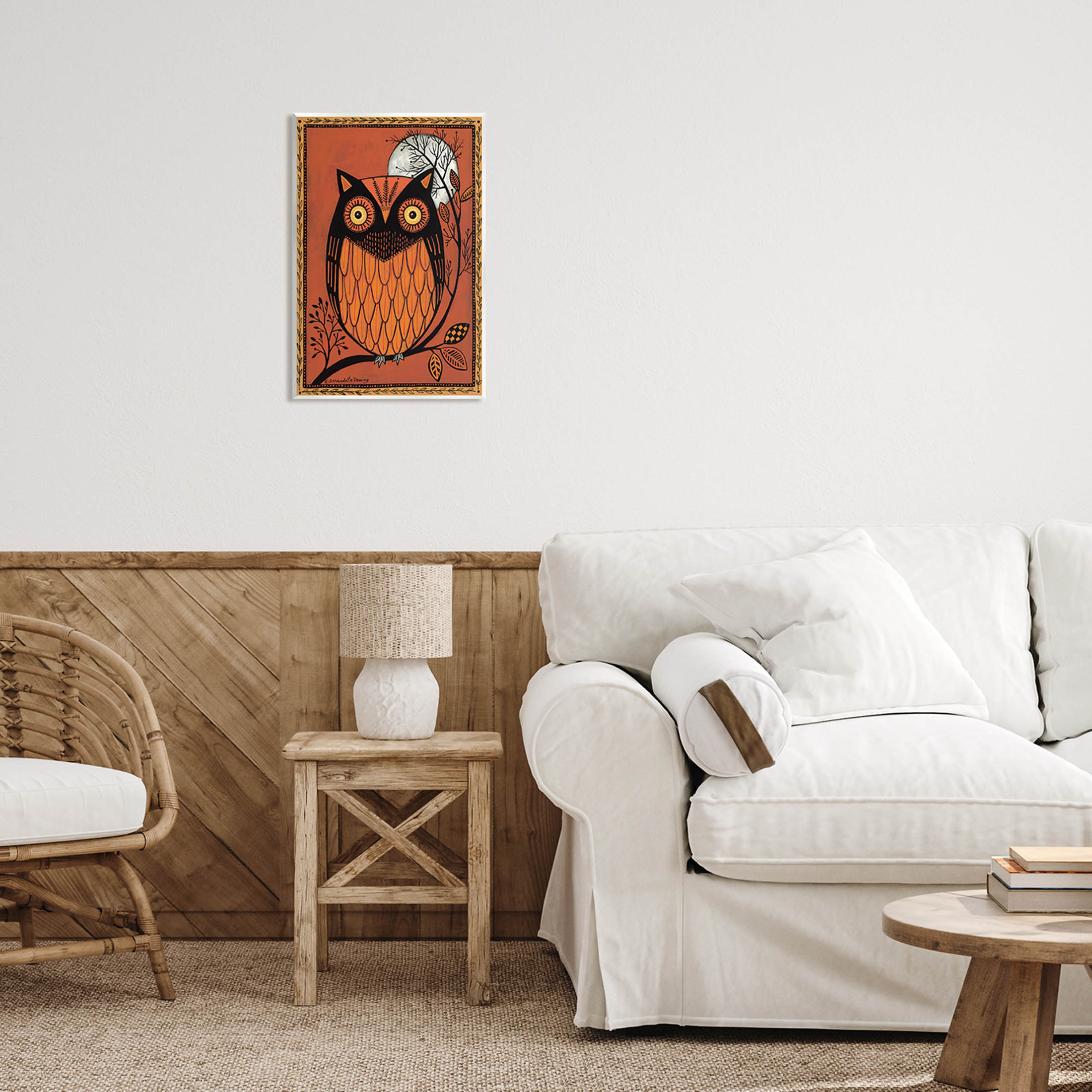 Round Owl Autumn Botanical Border Holiday Graphic Art Unframed Art Print Wall Art