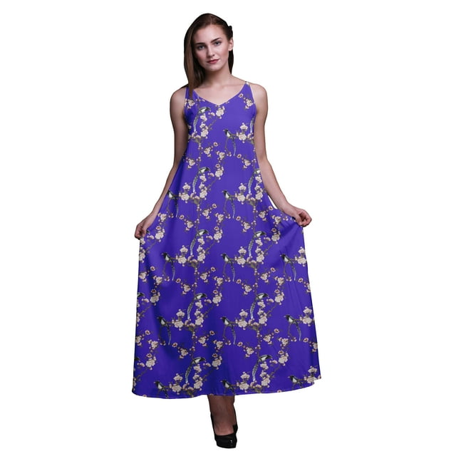 Bimba Robe Longue en Rayonne Imprimée Oiseaux pour Femmes Chic Bohème Été Maxi Plage-TTG