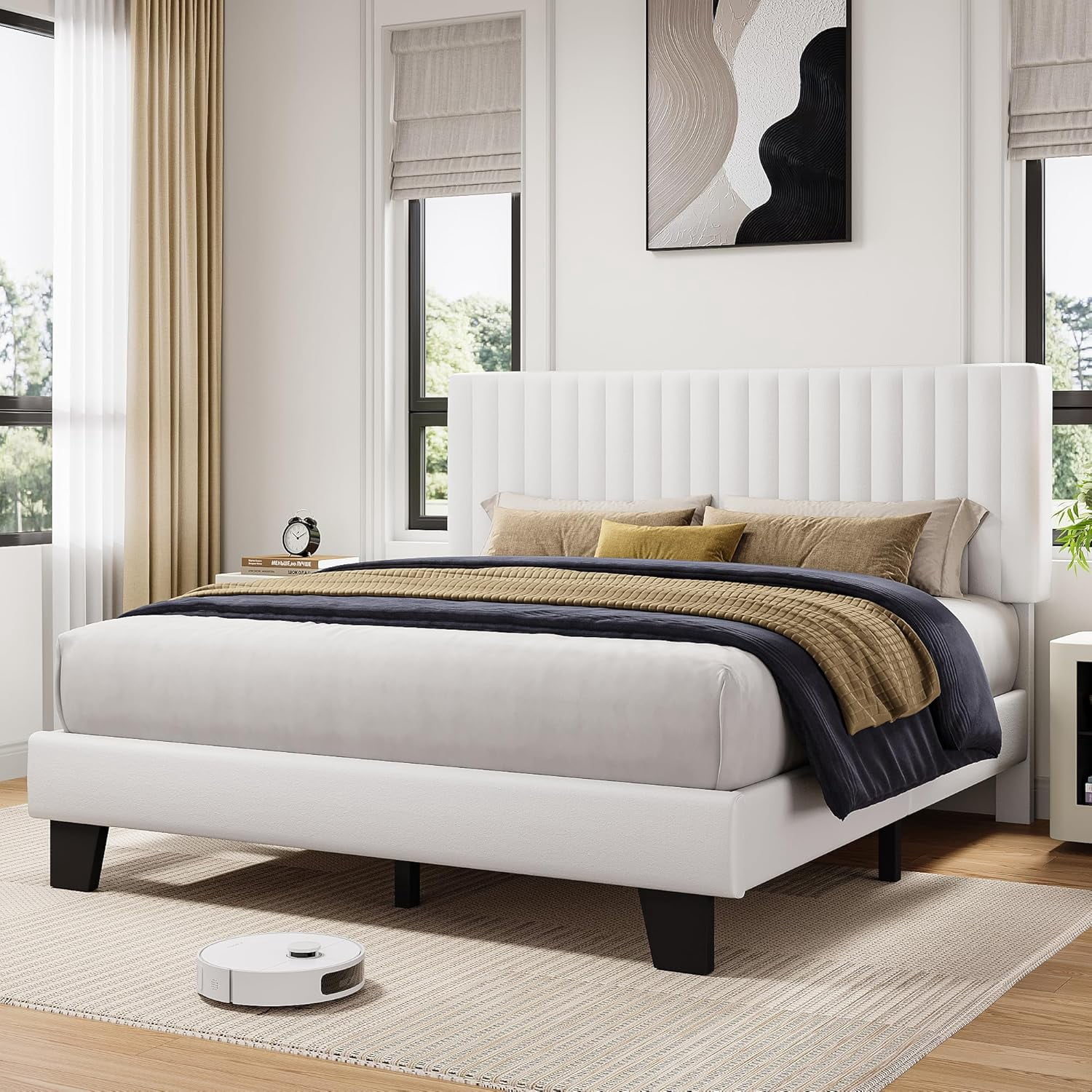Honfach Full Size Bed Frame, Upholstered Platform Bed with Velvet Headboard, Wide Bed Legs and Strong Wood Slats Support, White