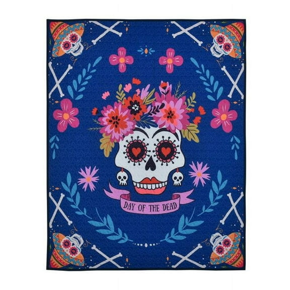 De Leon Collections 63561 60 x 50 in. Royal Blue Floral Day of Dead Sugar Skull Decorative Throw Quilt Blanket, Multi Color