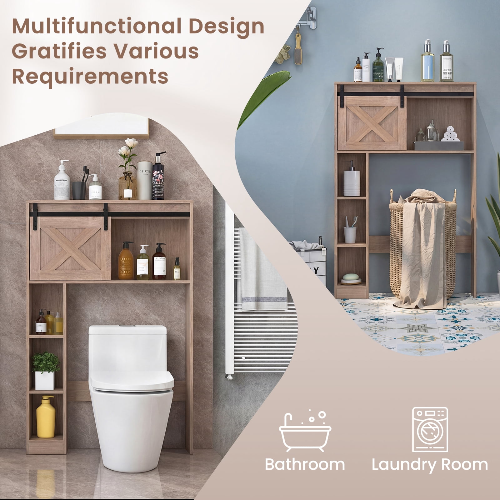 Costway Over the Toilet Bathroom Storage Cabinet with Sliding Barn Door Rustic Brown