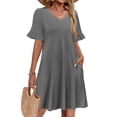 thumbnail image 2 of Summer Casual Dresses for Women A Line Sun Dress Ruffle Short Sleeve V Neck Tshirt Dress with Pockets Gray XL, 2 of 6