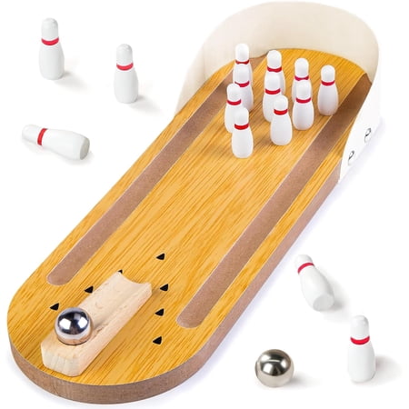 Mini Wooden Tabletop Bowling Game Set, Portable Desktop Bowling Toy for Kids Adults, Family Party Office Desk Interactive Game