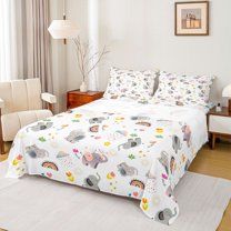 Feelyou Cute Elephant Animal Full Size Sheets, Rainbow Flower Bed Sheets, 4 Pieces