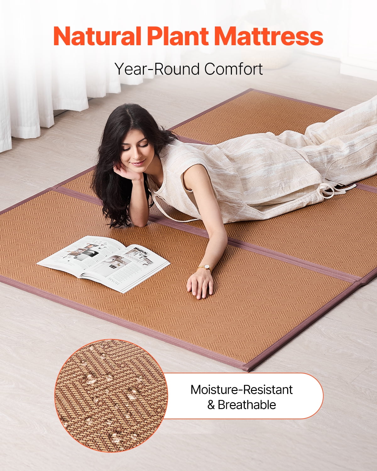 VEVOR Japanese Tatami Mat, 80 x 55 in Foldable Handwoven Natural Rattan Tatami Mat, Non-Slip & Easily Cleaned Japanese Tatami Floor Mat, Summer Breathable Sleeping Mat for Meditation Yoga Relaxation