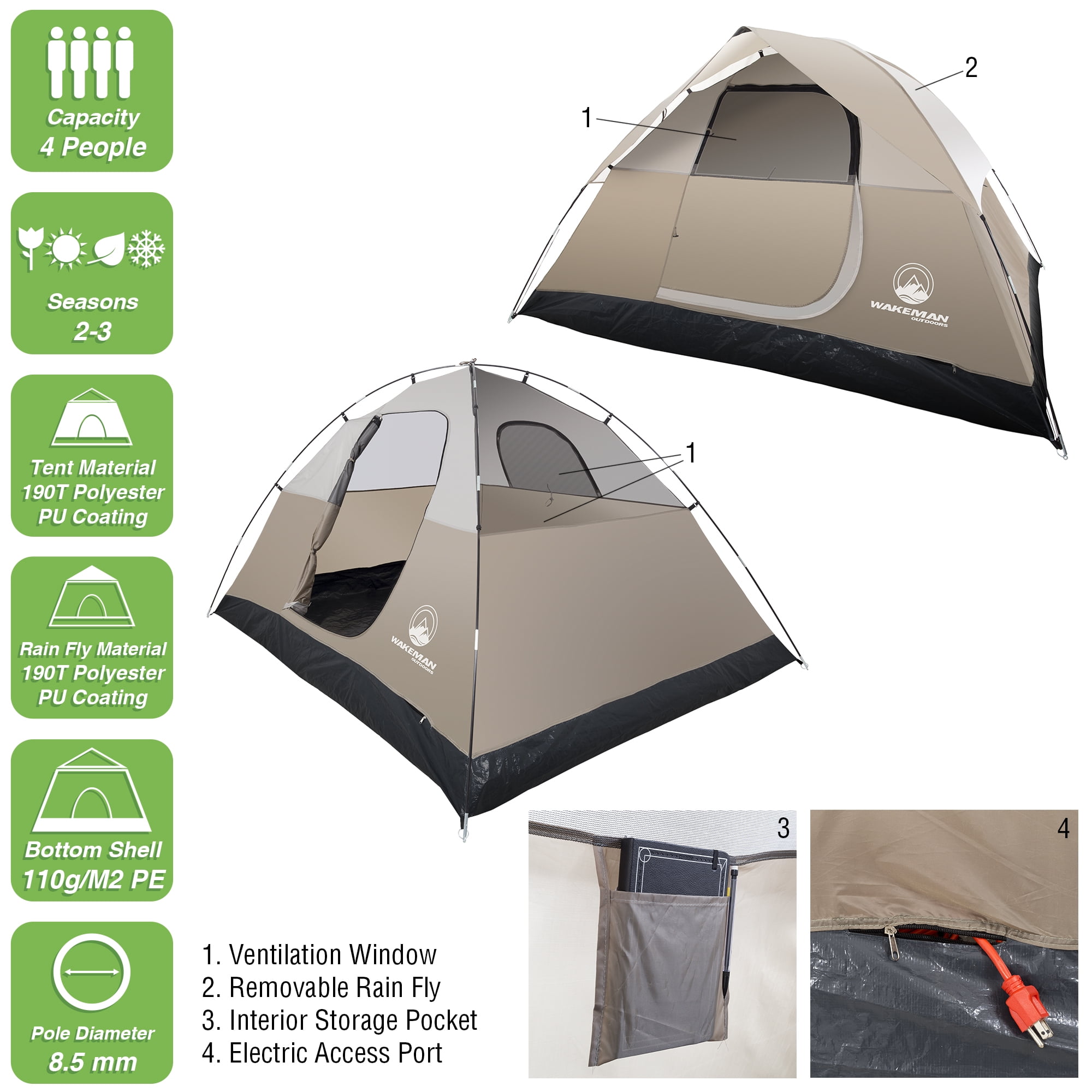 4-Person Tent, Water Resistant Dome Tent for Camping With Removable Rain Fly And Carry Bag, Rebel Bay 4 Person Tent By Wakeman Outdoors