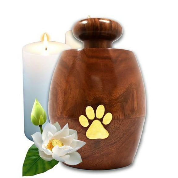 Lindia Artisans Beautiful Wooden Pet Urn Jar with Brass Paw Print (Small Size, Supports 15 lb Pet) - Rosewood Pet Cremation Urn - Perfect Memorial Pet Urns for Dog and Cat Ashes