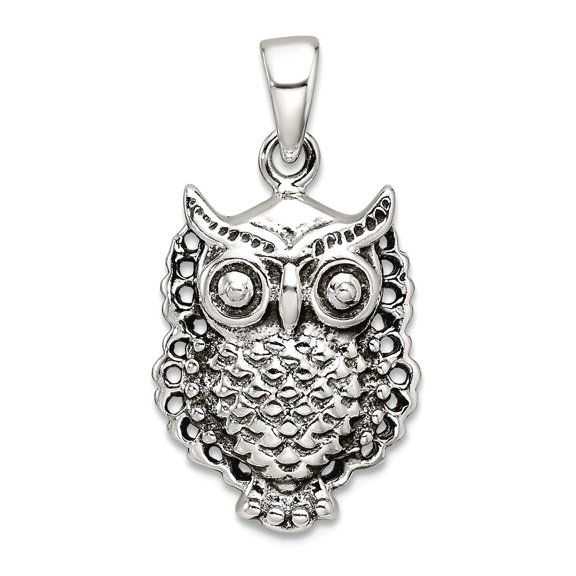 925 Sterling Silver Polished and Oxidized Owl Pendant Necklace 22.6x13mm Wide Pendant for Women
