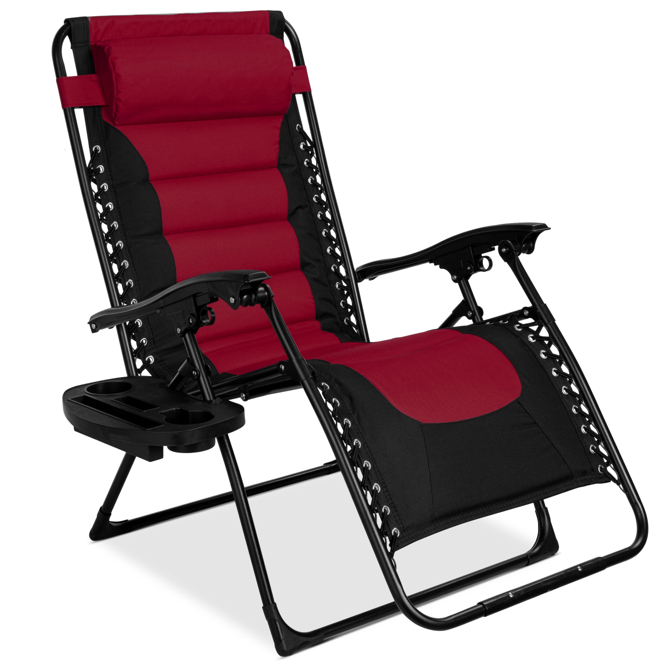 Red 2PCS Folding Zero Gravity Chair Lounge Patio Recliner W/Tray & Phone Holders 