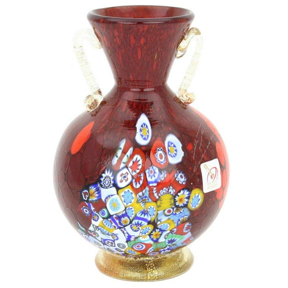 GlassOfVenice Murano Glass Millefiori Vase With Golden Handles - Red