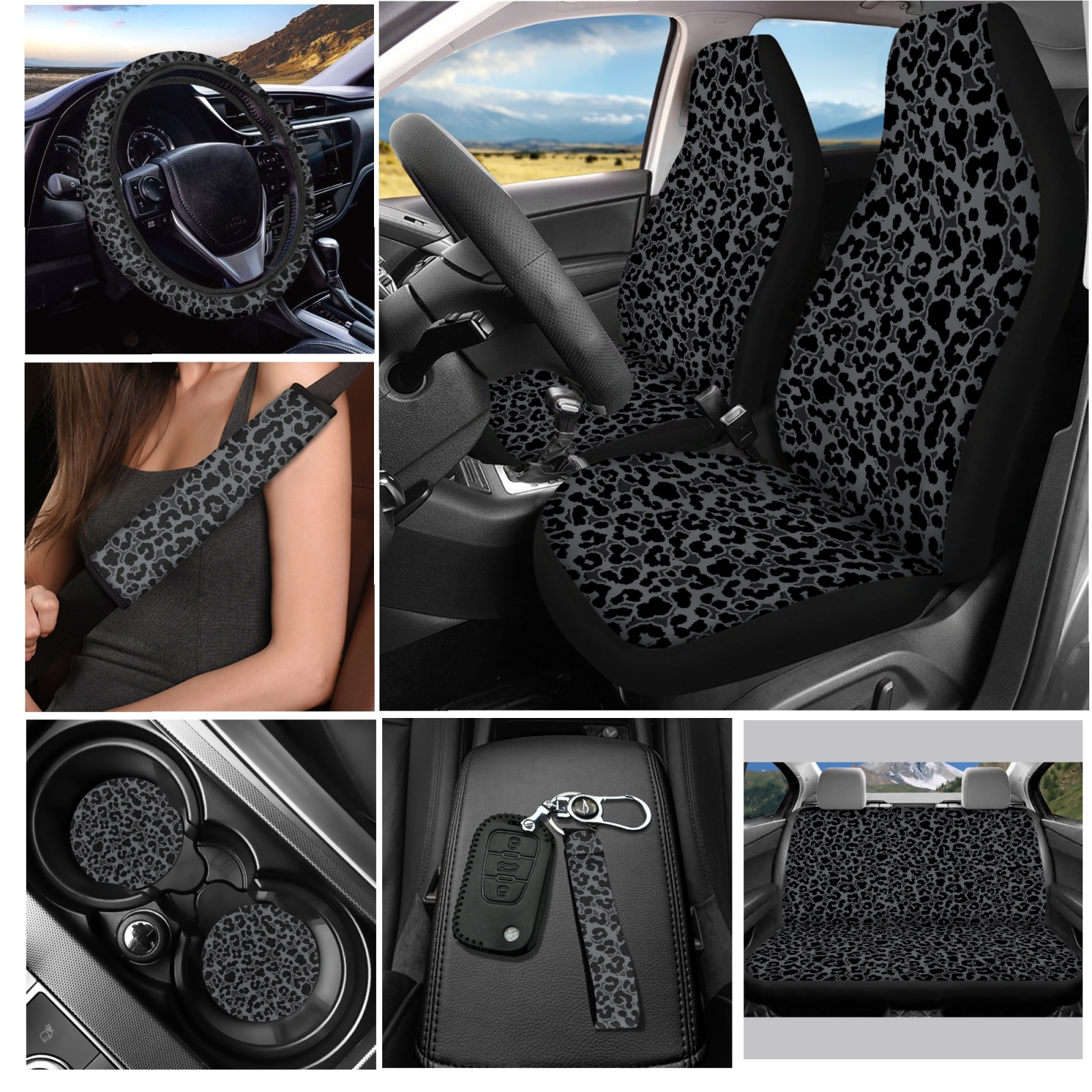 Yuyamidu Black Leopard Print Car Seat Cover Set Steering Wheel Covers Auto Seatbelt Pads Cup Coaster Lipstick Organizer Keychain Wrist Key Chain, 12 Piece