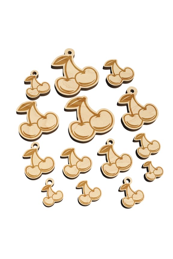 Couple of Shiny Cherry Fruits Cherries Wood Mini Charms Shapes DIY Craft Jewelry - No Hole - 25mm (7pcs)