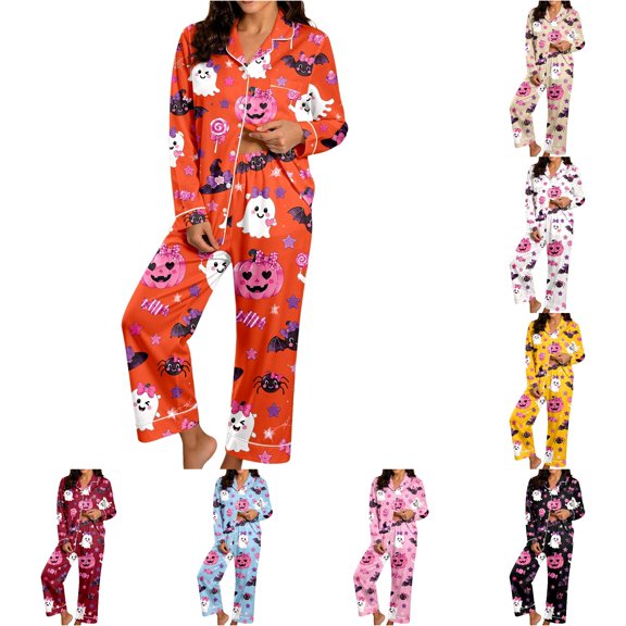 RMGVDSD Women's Pajamas Set 2 Piece Halloween Cute Printed Short Sleeve Top & Long Pants Sleepwear Pajama Sets Casual Fashion Relaxed Fit Nightwear