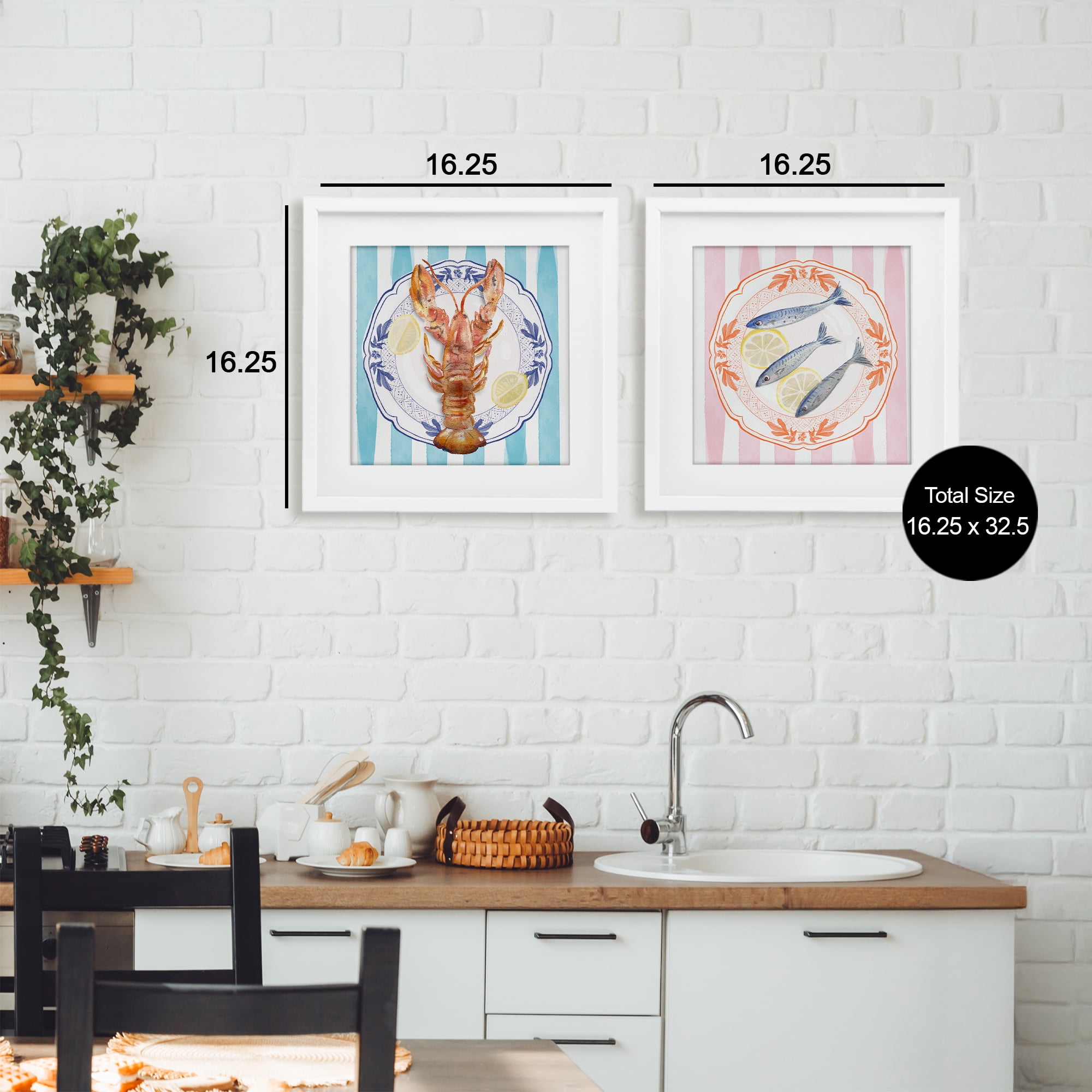 Stupell Industries Lobster & Sardines Plates 2 Piece White Framed Print Under Glass Set, design by Christie Adams