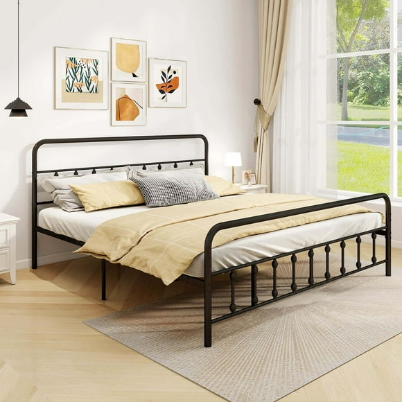 Costway King Size Bed Frame with Headboard Under Bed Storage No Box Spring Needed Black