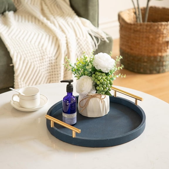 Modern Decorative Serving Tray, Round Shagreen Tray with Gold Polished Metal Handles, Decorative Trays Coffee Table Ottoman Trays for Living Room Bathroom Home Decor, Set of 2 (Blue)