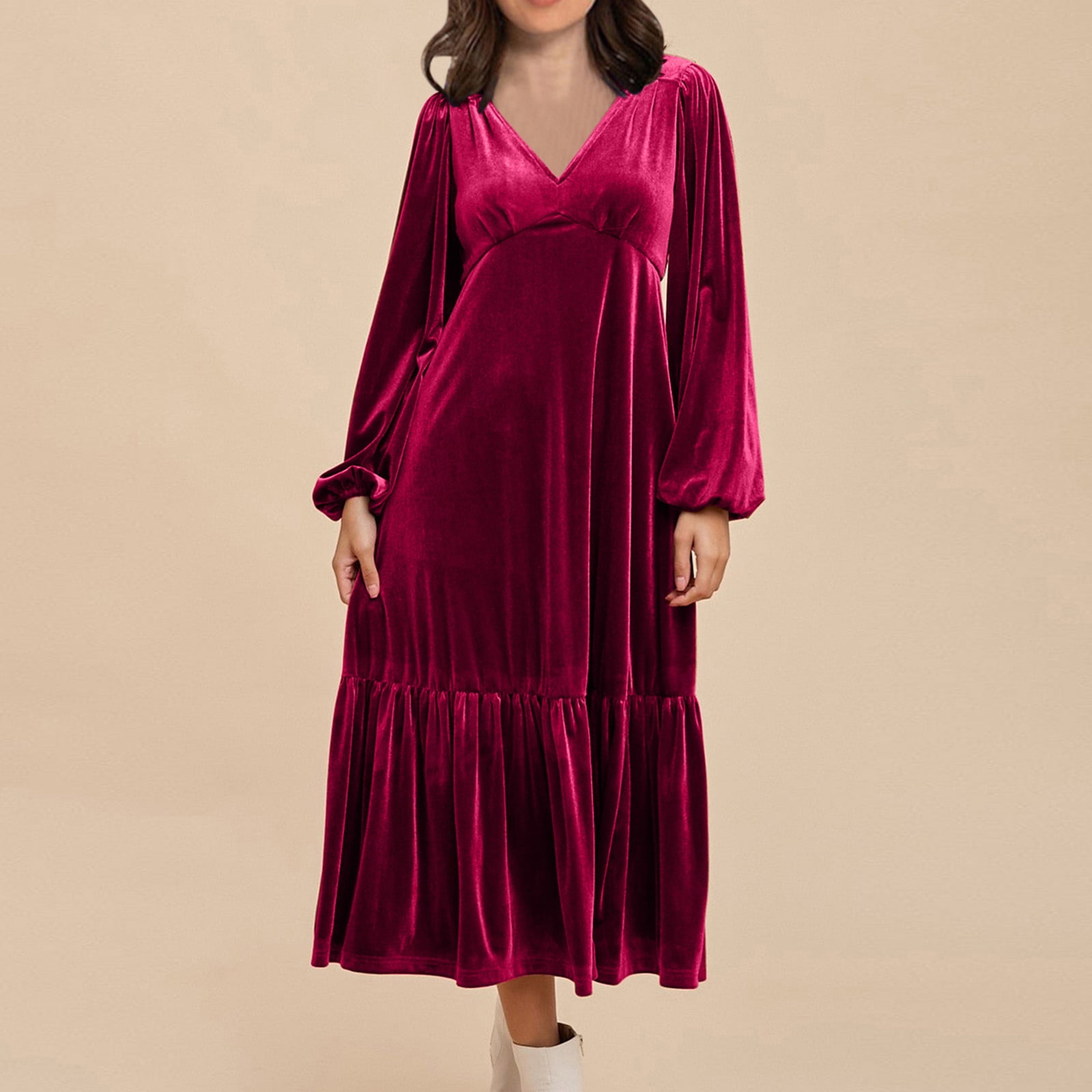 Women's Dressy Dress Puff Long Sleeve V Neck Tiered Casual Loose Velvet Dress Trendy Cocktail Party Night Elegant Midi Dress Red,S