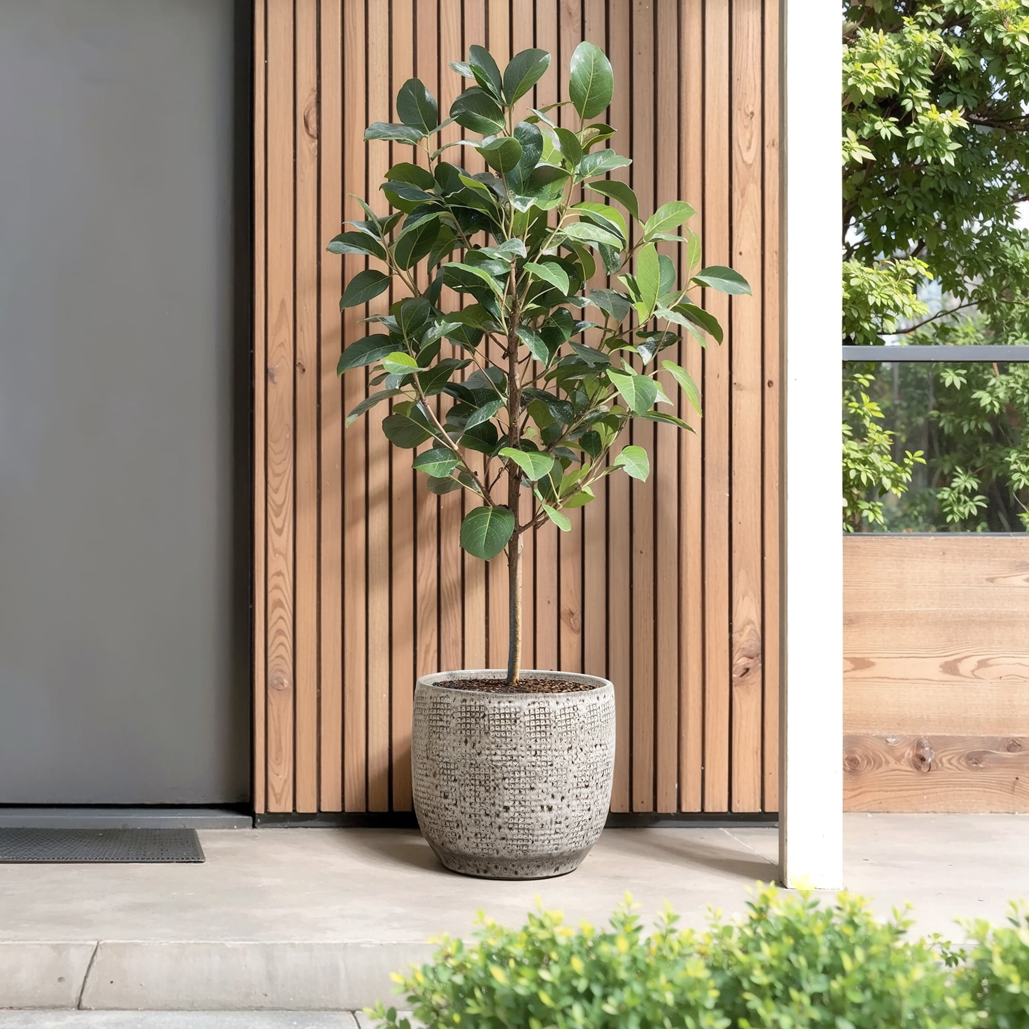 LuxenHome 12" Dia Large Ceramic Planter Pots for Plants, Stone Gray Glazed Round Planter with Drainage