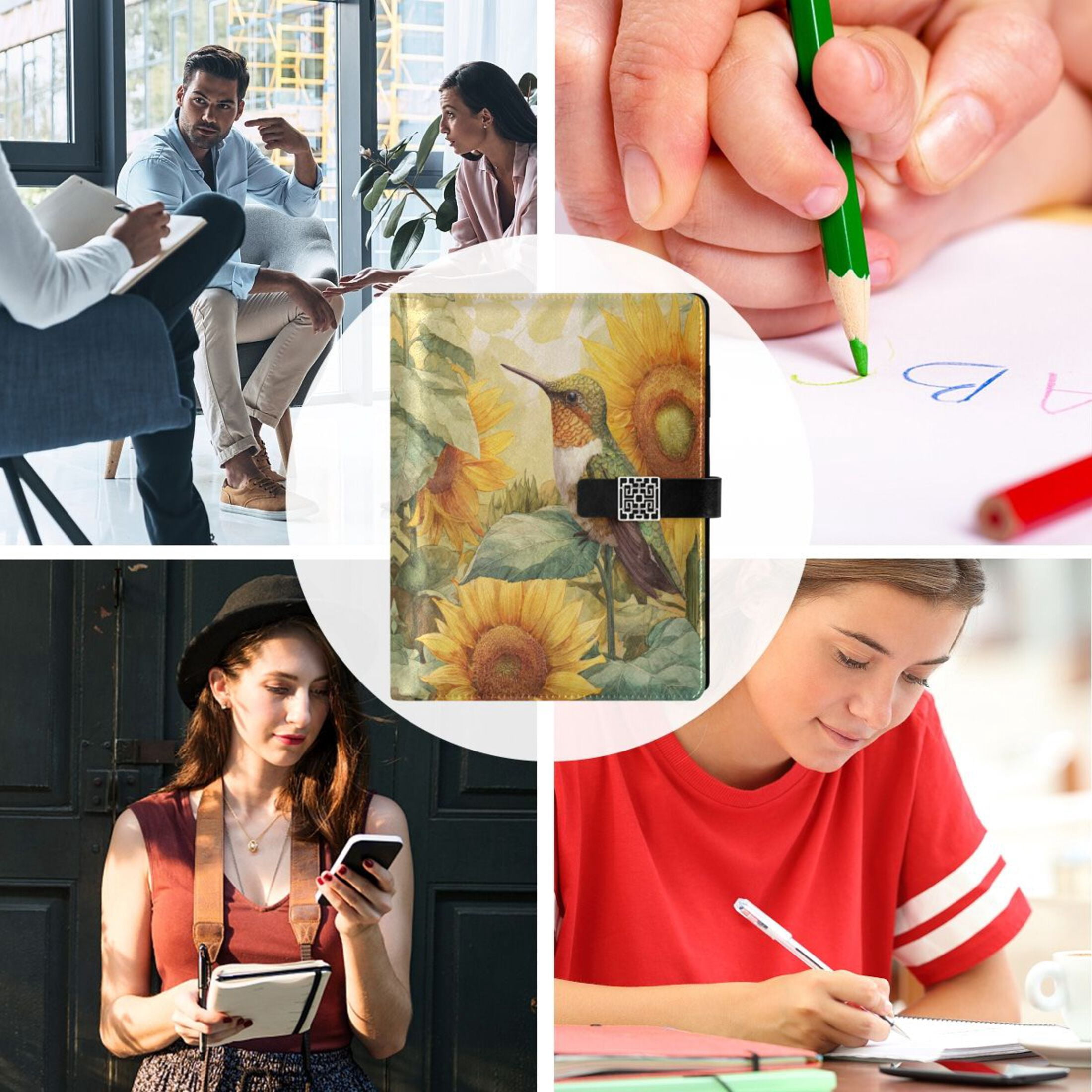 Leather Planner Leather Notebook Notebook Journal Binder Design Pen Pocket Design Convenient for Storage Hummingbird Sunflower