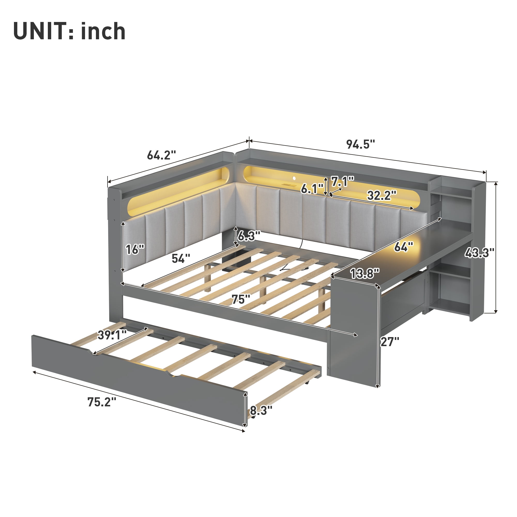 Euroco Wood Full Size Platform Bed with Upholstery Storage Headboard and Trundle, Daybed with Desk, USB Ports and LED Light, Gray