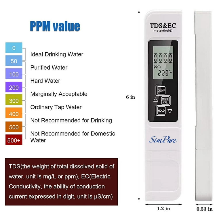 SimPure TDS Meter Digital Water Tester, Professional 3-in-1 TDS,  Temperature and EC Meter, 0-9999ppm, Ideal ppm Meter for Office Home  Drinking Water Aquariums 