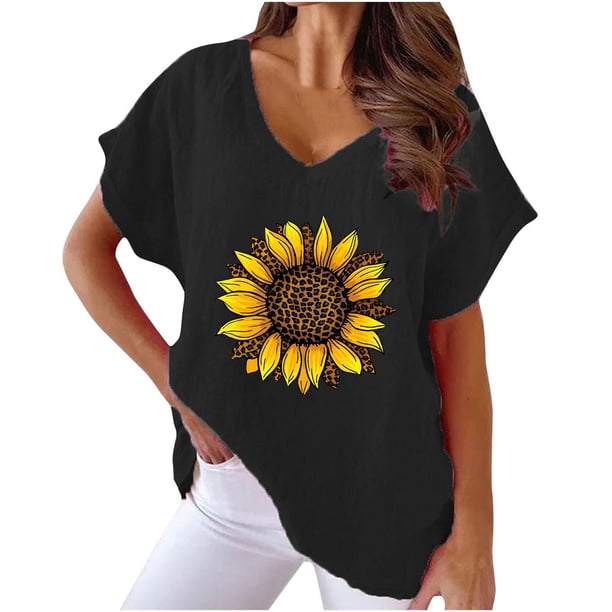 Camiseta de Manga Corta con Cuello en V con Impresión de Girasol, Algodón Casual Y Top de Cáñamo
