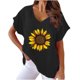 thumbnail image 1 of Camiseta de Manga Corta con Cuello en V con Impresión de Girasol, Algodón Casual Y Top de Cáñamo, 1 of 4