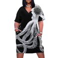 thumbnail image 2 of Pulpo vintage con tentáculos de pulpo, criaturas marinas, océano, mar, playa, vestido blanco y negro con bolsillos sueltos, vestidos de lujo, 2 of 7