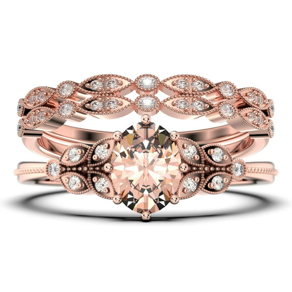 Gorgeous Boho & hippie 2.25 Carat Oval Cut Vintage Look Morganite And Diamond Moissanite Engagement Ring Set, Wedding Ring in 925 Sterling Silver With 18k White Gold Plating, Trio set