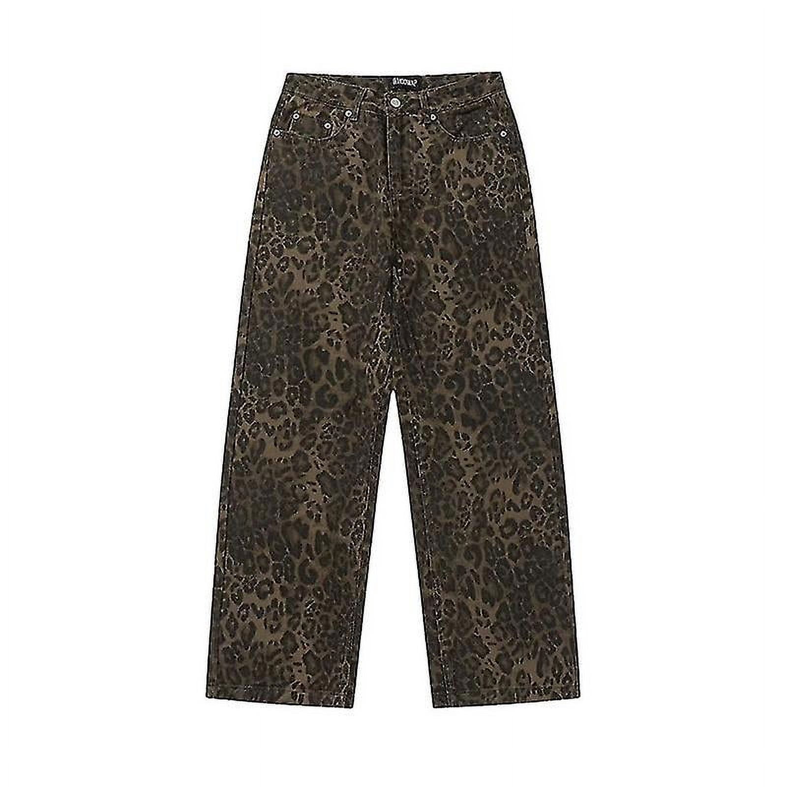 Jeans Léopard Tan pour Femmes, Pantalon en Denim Oversize à Jambes Larges