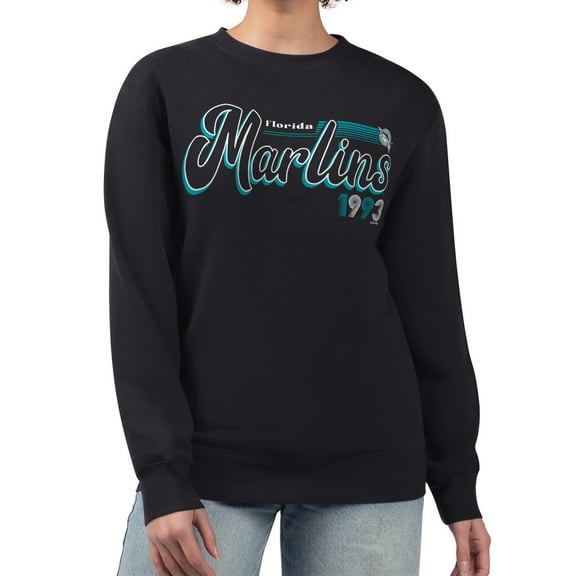 Women's Starter Black Florida Marlins Cooperstown Collection Groovy Script Team Fleece Pullover Sweatshirt