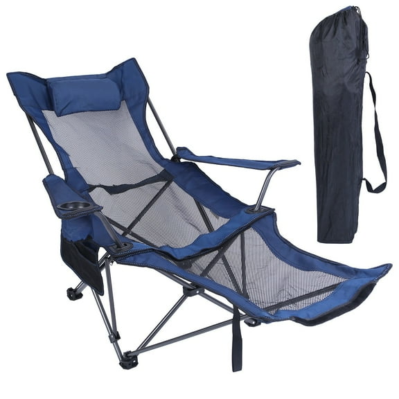 RONG-3 Reclining Folding Camping Chair, Adjustable Folde Camping Chair with Foot Rest, Camp Lounge Outdoor Beach Chair, Mesh Reclining Design, with Pillow Cup Holder,Blue