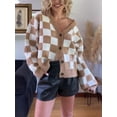 thumbnail image 4 of RWJDXD Womens Plaid V Neck Crop Cardigan Sweaters Button Down Long Sleeve Cable Knit Tops Checkerboard Sweaters loose, 4 of 5