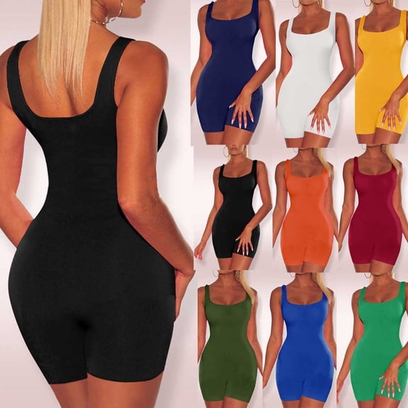 CHENjy Sleeveless Strap Body Shaping Romper, Cotton Backless Short Jumpsuit for Women, Summer Solid One Piece Bodysuit for Beach and Party, L, Blue