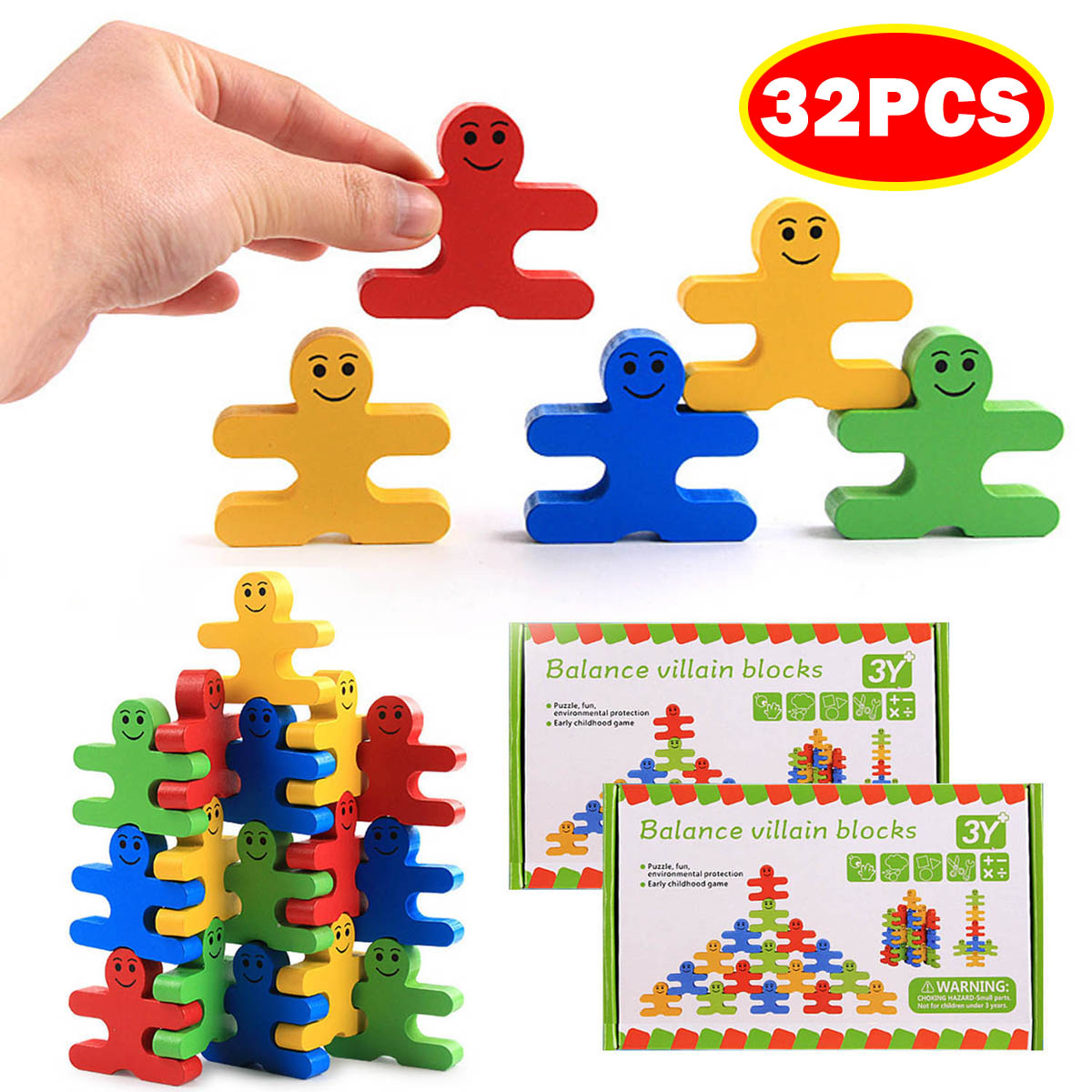 32 Pcs/Set Wooden Stacking Blocks,Montessori Blocks,Wooden Toys,Color Sorting Toys,Motor Skills