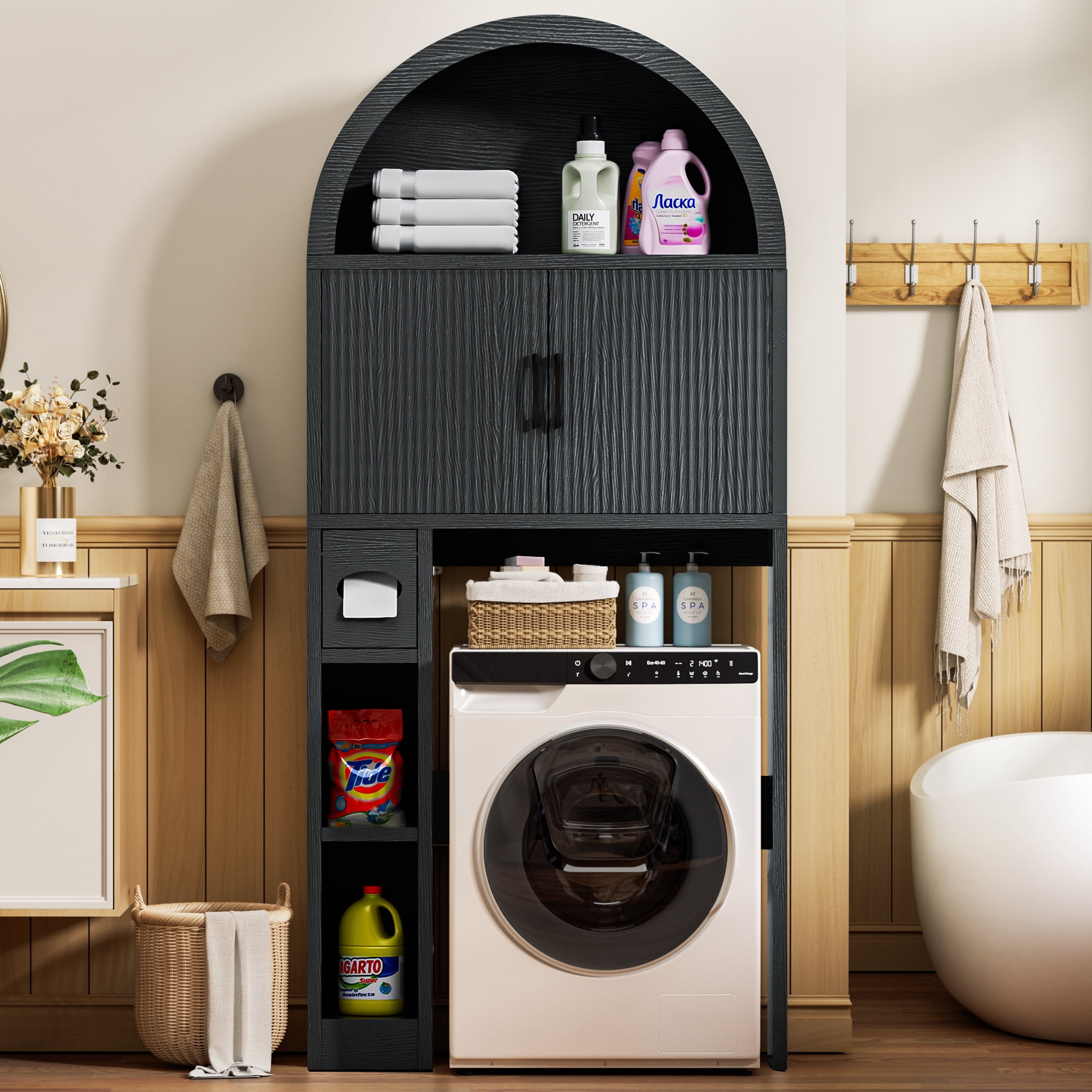 AHB Over Toilet Storage Cabinet with Arc Design, Freestanding Bathroom Organizer with Doors, 7.7"D x 30.5"W x 67.7"H, Black