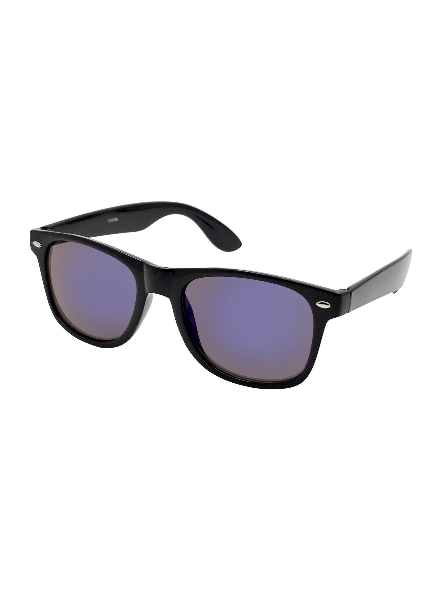 Mens Plastic Wayfarer Black Frame Blue Mirror Lens Sunglasses